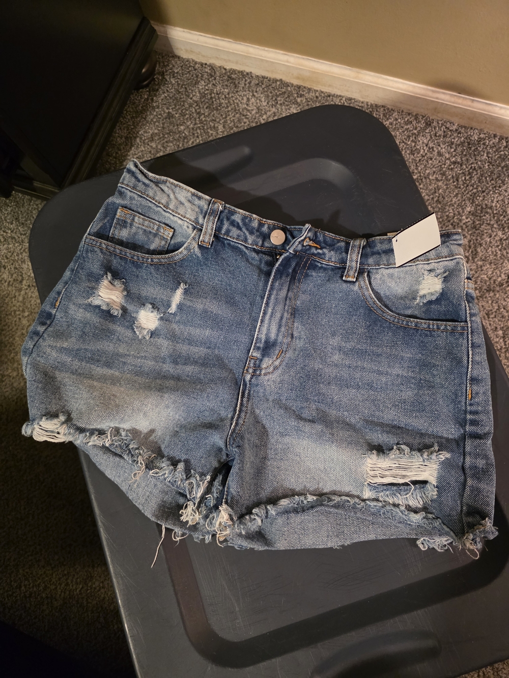 Distressed High-Waist Denim Shorts - Blue